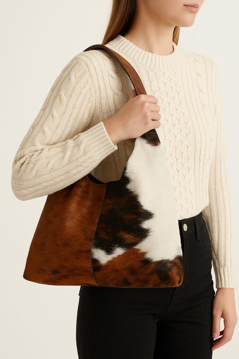 May include: A cowhide tote bag in shades of brown, black, and white, with a leather strap. The bag is held by a person wearing a cream cable knit sweater and black trousers. The bag's design features a mix of brown, black, and white fur.
