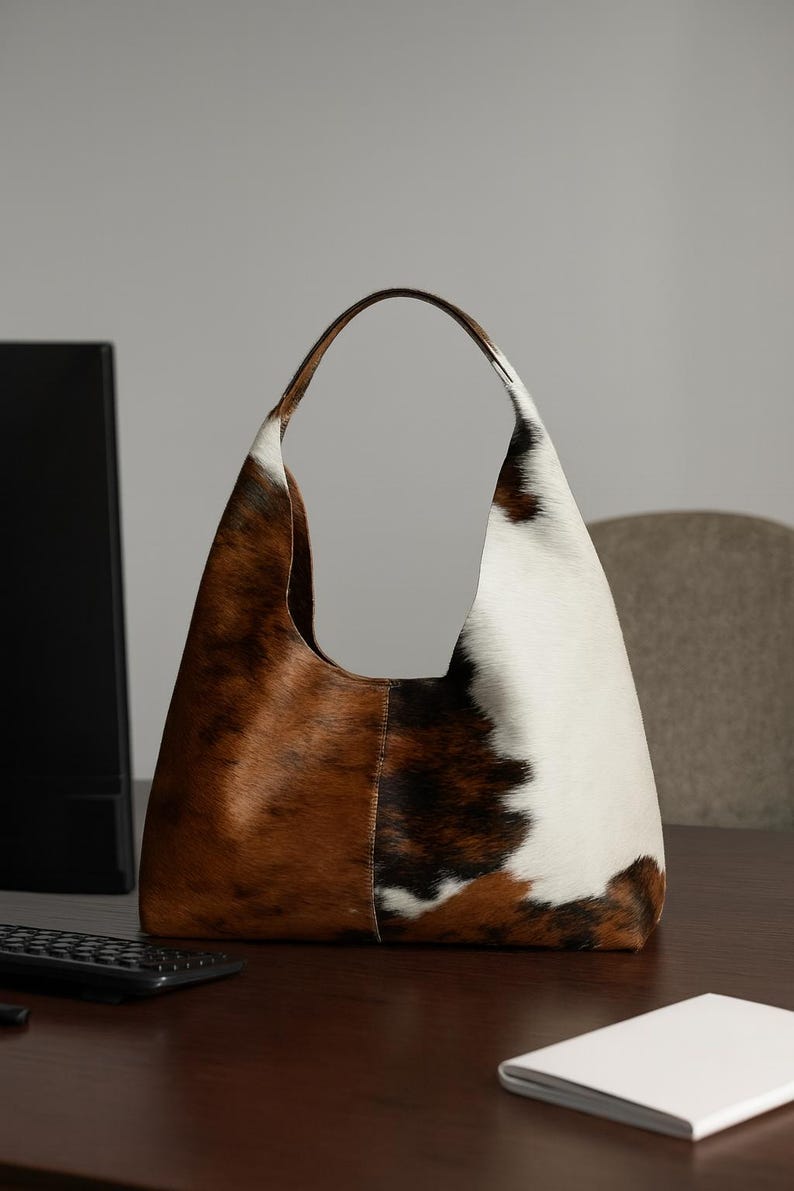 May include: A large cowhide shoulder bag with a curved handle. The bag has a patchwork design with brown, white, and black patches. The bag is on a wooden desk.