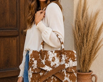 Cowhide Tote, Hair on Hide Leather Handbag, Western Shoulder Bag, Cow Print Purse, Gift for Women