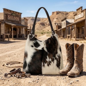 May include: A hobo-style shoulder bag crafted from cowhide featuring a black and white spotted pattern with dark brown leather handles, accompanied by a pair of brown leather cowboy boots and metal spurs resting on the ground.