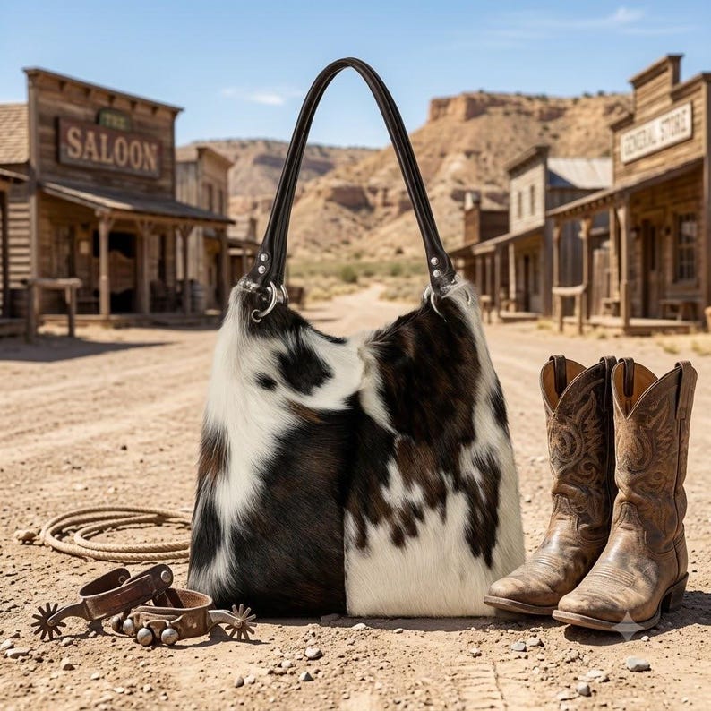 May include: A hobo-style shoulder bag crafted from cowhide featuring a black and white spotted pattern with dark brown leather handles, accompanied by a pair of brown leather cowboy boots and metal spurs resting on the ground.