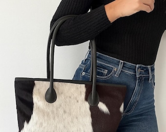 Handmade Cowhide Tote Bag: Black & White Hair-on Leather Purse