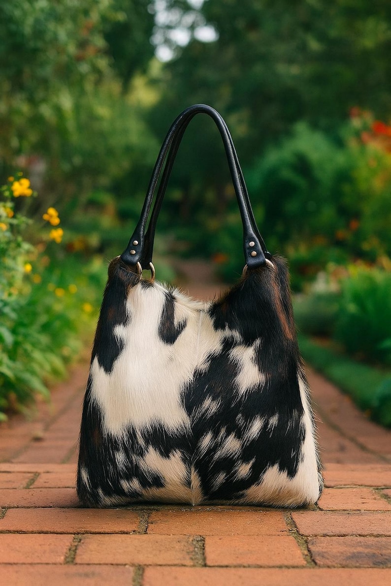 May include: A hobo-style handbag featuring a black and white cowhide pattern with a textured fur finish. The bag includes two black leather shoulder straps attached with gold-toned metal rings and rivets, providing a structured yet soft silhouette.