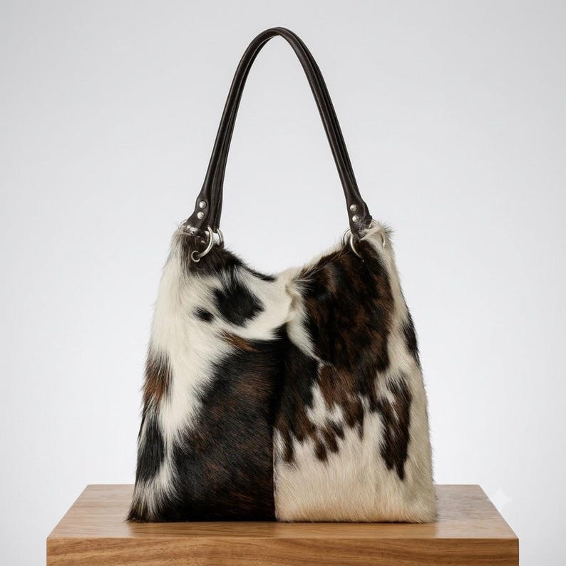 May include: A hobo-style shoulder bag featuring a cowhide pattern with patches of white, black, and dark brown fur. The bag includes two dark brown leather shoulder straps attached with silver-toned metal rings on each side of the top opening.