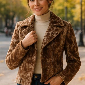 Könnte beinhalten: Eine braun-beige gemusterte Jacke mit Reverskragen. Die Jacke wird über einem cremefarbenen Rollkragenpullover getragen und mit dunkelblauen Jeans kombiniert. Die Frau lächelt, und der Hintergrund ist mit Herbstlaub verschwommen.