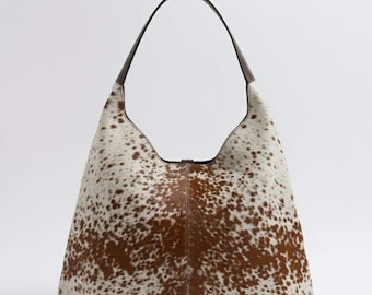 Echte Rindsleder Hobo Bag - Umhängetasche Umhängetasche | Kuh Druck braun & weiß Tote