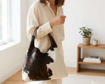 Sac hobo en peau de vache : fourre-tout en cuir fait main, sac à main bohème occidental