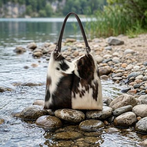 May include: A shoulder bag crafted from cowhide featuring a natural pattern of white, brown, and black patches. The bag has two dark brown leather handles attached with silver-toned metal rings, providing a structured shape for the accessory.