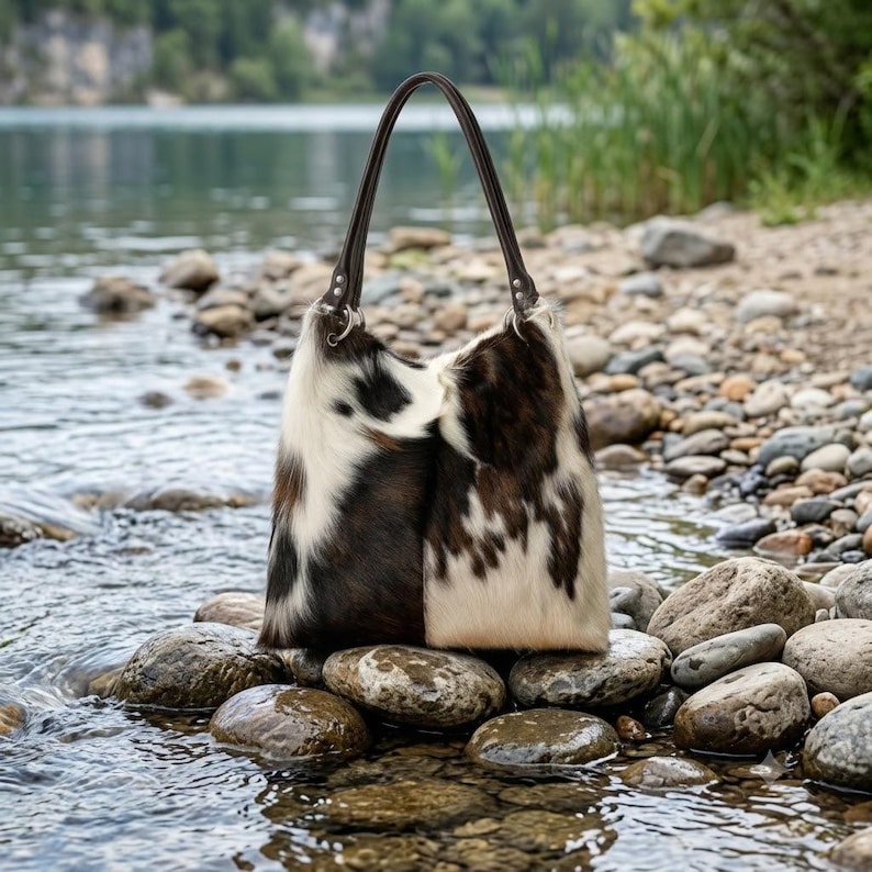 May include: A shoulder bag crafted from cowhide featuring a natural pattern of white, brown, and black patches. The bag has two dark brown leather handles attached with silver-toned metal rings, providing a structured shape for the accessory.