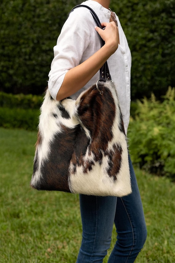 Cowhide Hobo Bag: Genuine Fur, Western Shoulder Tote Free Global Shipping
