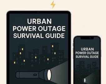 Puede incluir: Una guía de supervivencia digital para cortes de energía urbanos se muestra en una tableta y un teléfono inteligente. La tableta muestra una linterna que ilumina un paisaje urbano. El texto dice "Stay Safe in Any Blackout" y "Digital Survival Guide."