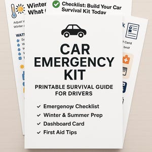K&ouml;nnte beinhalten: Ein Stapel wei&szlig;er, bedruckbarer Leitf&auml;den f&uuml;r ein Auto-Notfallset. Der Hauptleitfaden zeigt ein Autosymbol und die Worte "CAR EMERGENCY KIT" in gro&szlig;en, fetten Buchstaben. Enth&auml;lt Checklisten f&uuml;r Winter- und Sommervorbereitung.