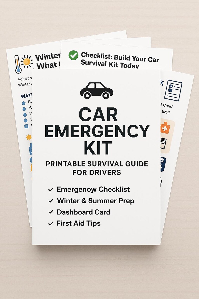 K&ouml;nnte beinhalten: Ein Stapel wei&szlig;er, bedruckbarer Leitf&auml;den f&uuml;r ein Auto-Notfallset. Der Hauptleitfaden zeigt ein Autosymbol und die Worte "CAR EMERGENCY KIT" in gro&szlig;en, fetten Buchstaben. Enth&auml;lt Checklisten f&uuml;r Winter- und Sommervorbereitung.