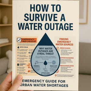 May include: A book titled "How to Survive a Water Outage" held by a hand. The cover features a blue water droplet graphic with text about water outages and emergency water sources. The book is an emergency guide for urban water shortages.