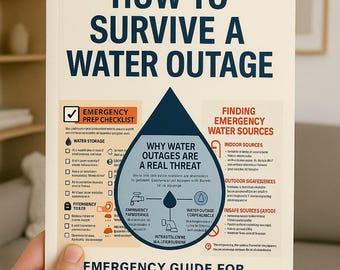 May include: A book titled "How to Survive a Water Outage" held by a hand. The cover features a blue water droplet graphic with text about water outages and emergency water sources. The book is an emergency guide for urban water shortages.