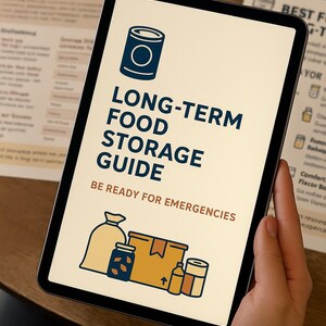 Könnte beinhalten: Ein Tablet zeigt einen "Langzeit-Lebensmittellagerungs-Leitfaden" mit Illustrationen von Lebensmittelbehältern. Der Titel des Leitfadens ist in Marineblau gehalten, mit dem Slogan "Seien Sie bereit für Notfälle" in Orange. Das Tablet wird von einer Person gehalten.