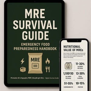 Könnte beinhalten: Ein iPad zeigt den Text "MRE SURVIVAL GUIDE EMERGENCY FOOD PREPAREDNESS HANDBOOK" mit einer MRE-Paketgrafik. Ein Smartphone zeigt Nährwertinformationen für MREs, einschließlich Kalorien, Kohlenhydrate und Proteine.