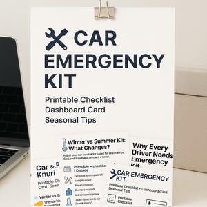 K&ouml;nnte beinhalten: Ein wei&szlig;es Papier mit dem Text "CAR EMERGENCY KIT" in Marineblau und einem Schraubenschl&uuml;ssel-Symbol. Das Papier enth&auml;lt eine Checkliste, eine Dashboard-Karte und saisonale Tipps. Eine silberne B&uuml;roklammer h&auml;lt das Papier.