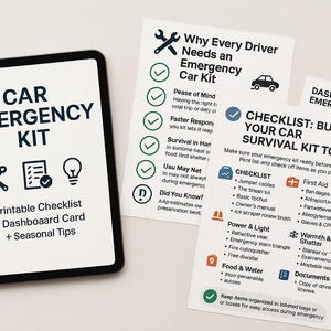 K&ouml;nnte beinhalten: Ein Auto-Notfall-Kit mit Checkliste und Armaturenbrettkarte mit saisonalen Tipps. Die schwarz gerahmte Karte tr&auml;gt den Text "Auto-Notfall-Kit" und Symbole. Zwei zus&auml;tzliche Checklisten zeigen, warum ein Auto-Kit ben&ouml;tigt wird.