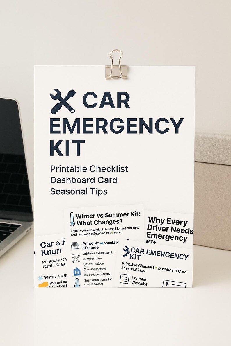 K&ouml;nnte beinhalten: Ein wei&szlig;es Papier mit dem Text "CAR EMERGENCY KIT" in Marineblau und einem Schraubenschl&uuml;ssel-Symbol. Das Papier enth&auml;lt eine Checkliste, eine Dashboard-Karte und saisonale Tipps. Eine silberne B&uuml;roklammer h&auml;lt das Papier.