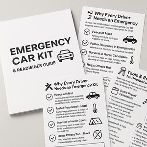 K&ouml;nnte beinhalten: Ein Stapel wei&szlig;er Karten mit schwarzem Text und Illustrationen. Die Hauptkarte tr&auml;gt die Aufschrift "EMERGENCY CAR KIT & READIEINES GUIDE" mit einem Auto-Symbol. Weitere Karten listen Gr&uuml;nde f&uuml;r ein Notfall-Set auf, wie "Frieden des Geistes".