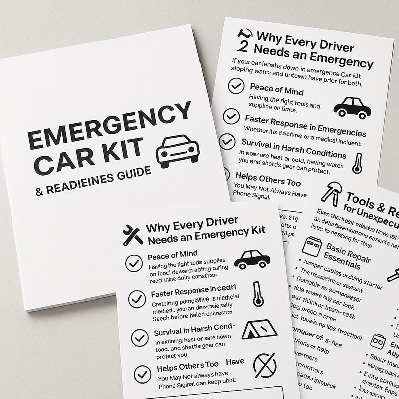 K&ouml;nnte beinhalten: Ein Stapel wei&szlig;er Karten mit schwarzem Text und Illustrationen. Die Hauptkarte tr&auml;gt die Aufschrift "EMERGENCY CAR KIT & READIEINES GUIDE" mit einem Auto-Symbol. Weitere Karten listen Gr&uuml;nde f&uuml;r ein Notfall-Set auf, wie "Frieden des Geistes".