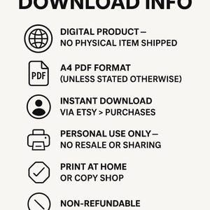 K&ouml;nnte beinhalten: Wei&szlig;er Hintergrund mit schwarzem Text: "DIGITAL DOWNLOAD INFO". Details: "DIGITALES PRODUKT - KEIN PHYSISCHER ARTIKEL VERSENDET", "A4 PDF FORMAT", "SOFORTIGER DOWNLOAD" und "NICHT R&Uuml;CKERSTATTBAR".