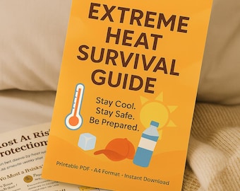 May include: An orange "Extreme Heat Survival Guide" with the text "Stay Cool. Stay Safe. Be Prepared." and illustrations of a thermometer, ice cube, baseball cap, and water bottle. Printable PDF, A4 format.