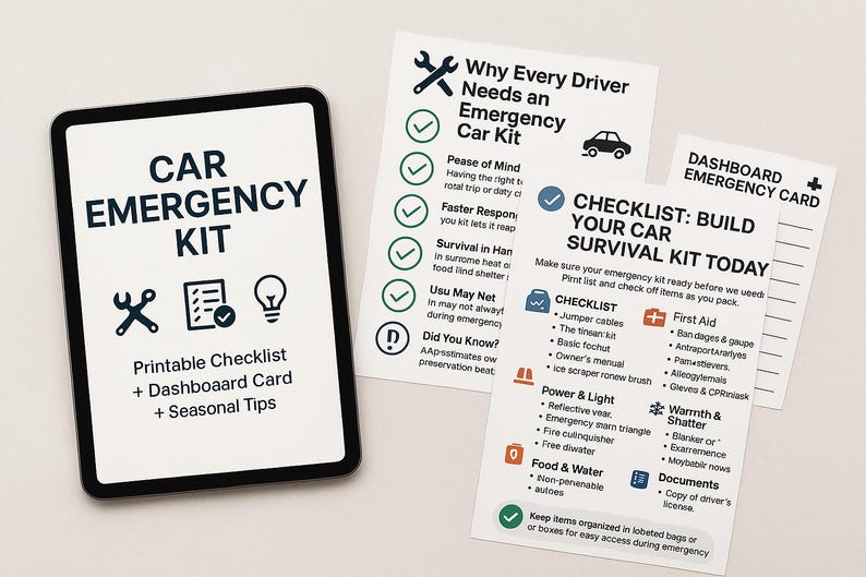 K&ouml;nnte beinhalten: Ein Auto-Notfall-Kit mit Checkliste und Armaturenbrettkarte mit saisonalen Tipps. Die schwarz-wei&szlig;e Karte enth&auml;lt eine Checkliste zum Zusammenstellen eines Auto-&Uuml;berlebens-Kits, mit Abschnitten f&uuml;r Erste Hilfe.