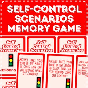 Puede incluir: Un juego rojo y blanco titulado "SELF-CONTROL SCENARIOS MEMORY GAME". El juego incluye tarjetas con escenarios e indicaciones para el autocontrol. Cada tarjeta presenta un gráfico de semáforo.