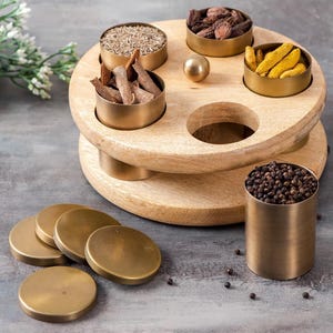 Pure brass and mango wood  Indian traditional masala box spice box jar | masala dani | spice box