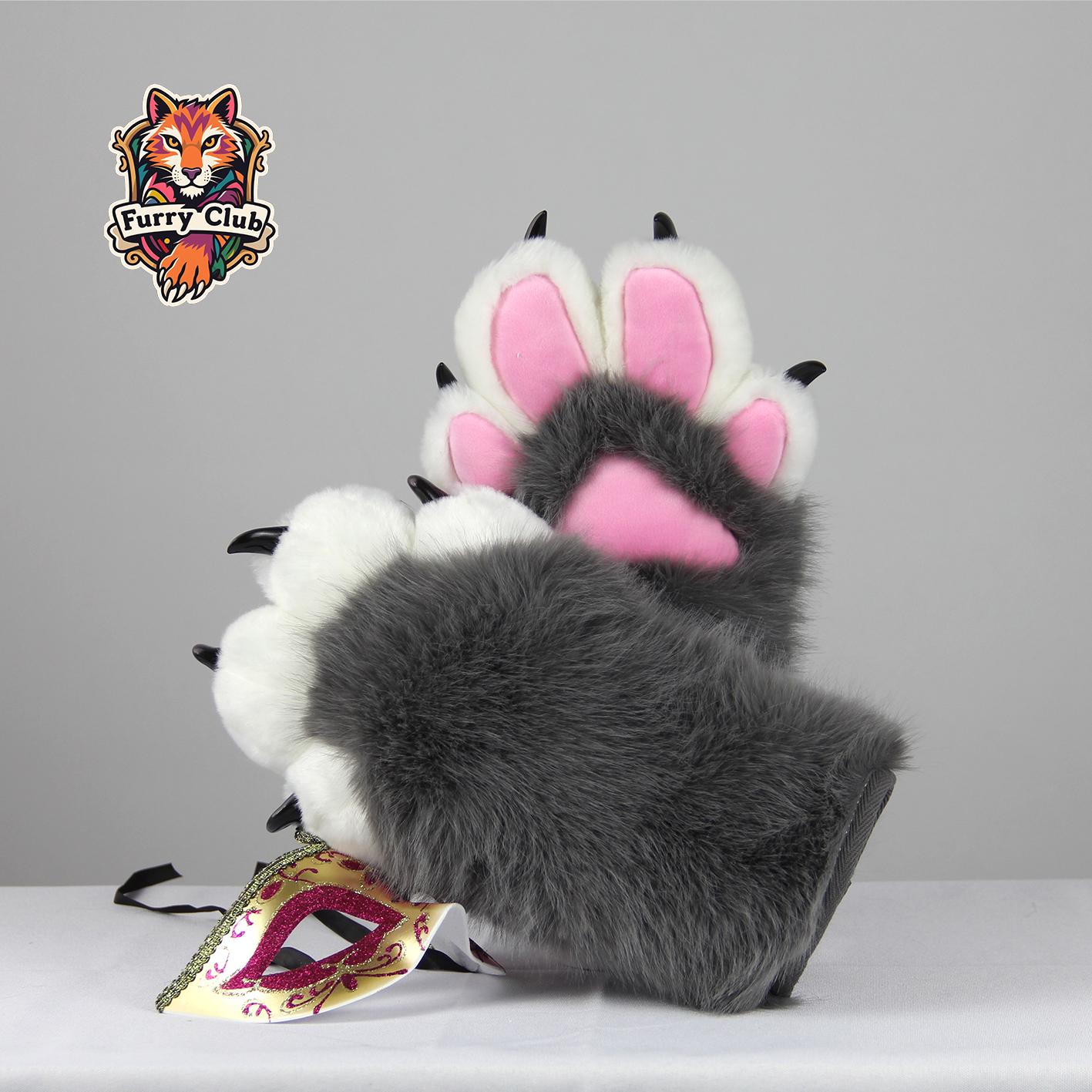 Grey Furry Paws,Cosplay Accessories,Kawaii Fursuit Hand Paw |Fluffy fursuit partial costume,Furry four-finger gloves,Cosplay Hand Paws