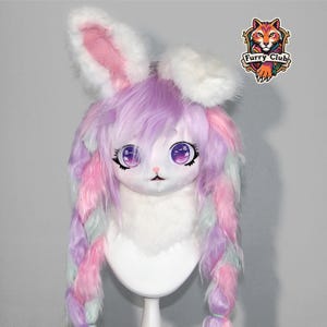 Cabeza de disfraz de conejo / Máscara de cosplay de Kig rosa y morado / Disfraz peludo / Máscara de disfraz de cosplay / Disfraz de personaje de anime con cabeza de cobertura completa