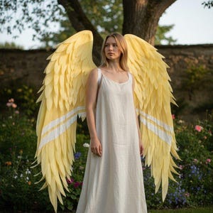 May include: A person wearing a long, cream-colored dress and large, yellow angel wings with white stripes. The wings are the focal point, set against a backdrop of a garden with a tree and flowers.
