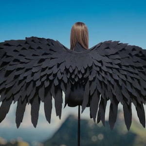 May include: Black costume wings with layered feather design. The wings are displayed against a backdrop of a blue sky and a blurred landscape. The wings are attached to a mannequin.