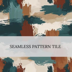 Op de afbeelding: Abstract naadloos patroon tegel met penseelstreek ontwerp in tinten teal, bruin en crème. De tekst "SEAMLESS PATTERN TILE" wordt weergegeven in een witte banner.