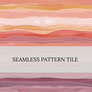 May include: A seamless pattern tile with a watercolor design. The design features horizontal bands of varying shades of orange, pink, and purple, with thin white lines. The text "SEAMLESS PATTERN TILE" is displayed.