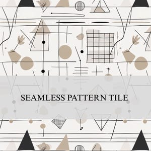 May include: Seamless pattern tile with a cream background and abstract shapes in black and tan. The design includes triangles, circles, lines, and a grid. The text "SEAMLESS PATTERN TILE" is displayed in the center.