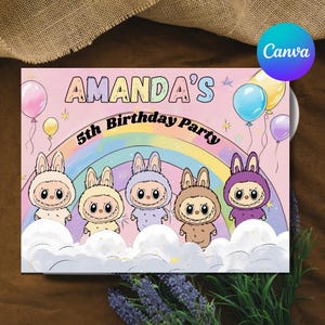 Editable Labubu Party Banner, Labubu Banner Decoration, Labubu Printable Backdrop, Canva Template