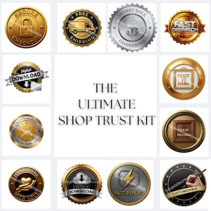 May include: A collection of gold and silver circular badges with text, including "Secure Checkout," "Free Shipping," and "Money Back Guarantee." The central text reads "The Ultimate Shop Trust Kit."