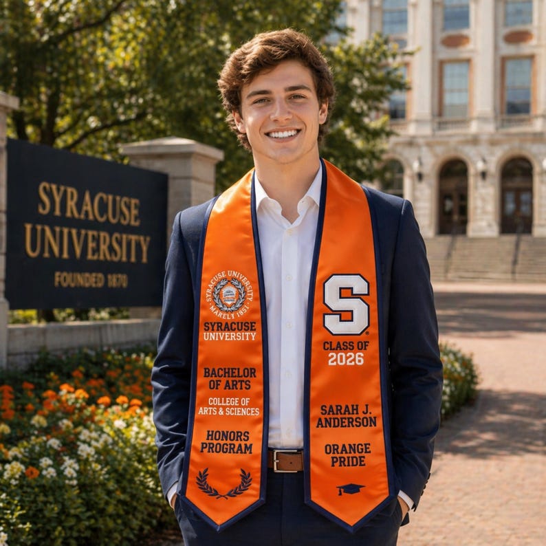 Custom Embroidered Graduation Stole Personalized Orange Navy Sash Class ...