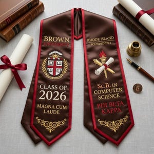 May include: Brown and red graduation sash with gold embroidery. The sash features the text "BROWN UNIVERSITY", "CLASS OF 2026", and "MAGNA CUM LAUDE". The other side says "RHODE ISLAND FOUNDED 1764", "Sc.B. IN COMPUTER SCIENCE", and "PHI BETA KAPPA".