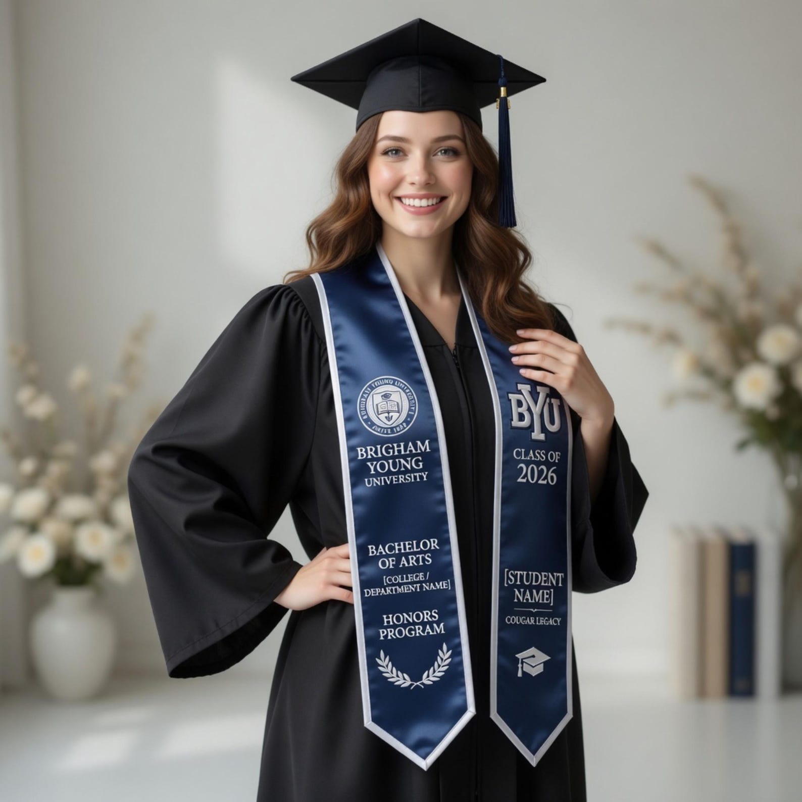 Custom Embroidered Graduation Stole Personalized Navy White Sash Class ...