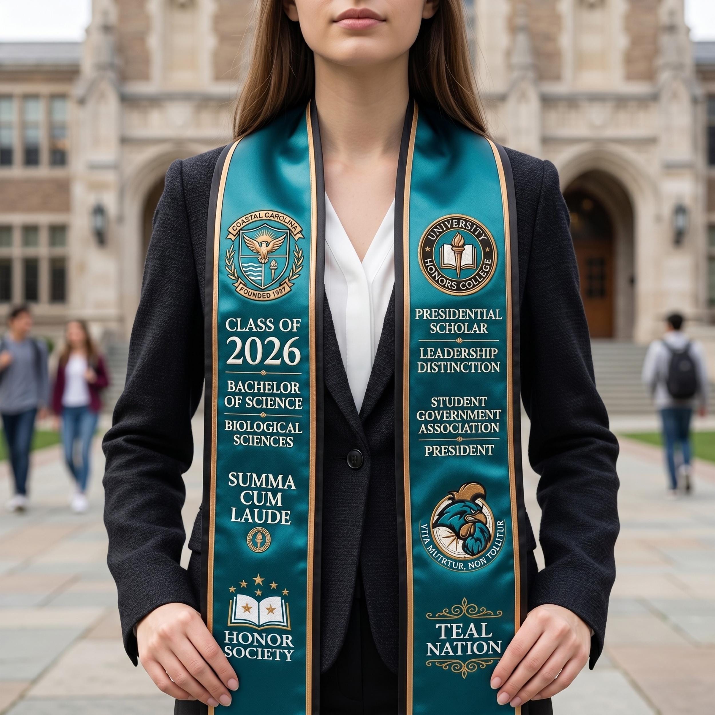Custom Teal Satin Graduation Stole With Gold Trim, Personalized ...