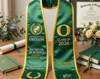 Spersonalizowany haftowany szal na ukończenie studiów, spersonalizowany zielono-złoty pas, klasa 2026, spersonalizowany prezent za osiągnięcia naukowe na poziomie licencjata nauk ścisłych