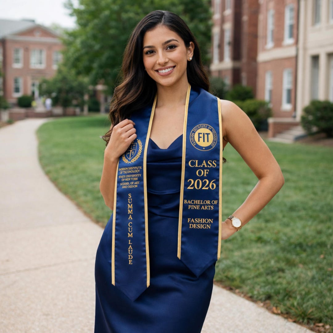 Custom Embroidered Graduation Stole Personalized Navy Gold Sash Class ...