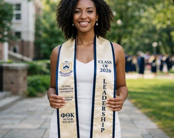 Estola de graduación bordada a medida, banda personalizada dorada y azul marino, promoción de 2026, Facultad de Negocios, Sociedad de Honor, regalo de graduación