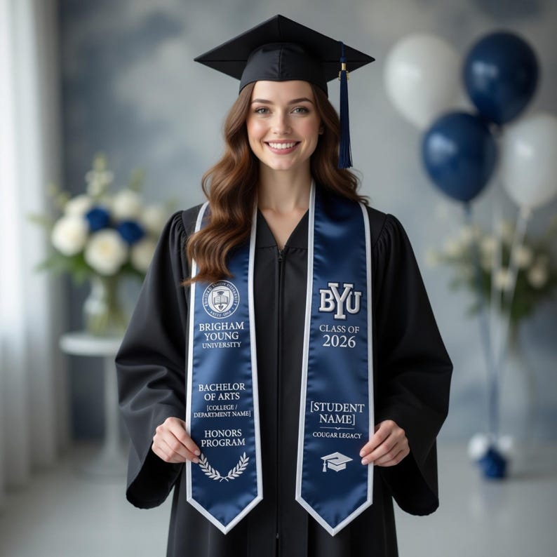 Custom Embroidered Graduation Stole Personalized Navy White Sash Class ...
