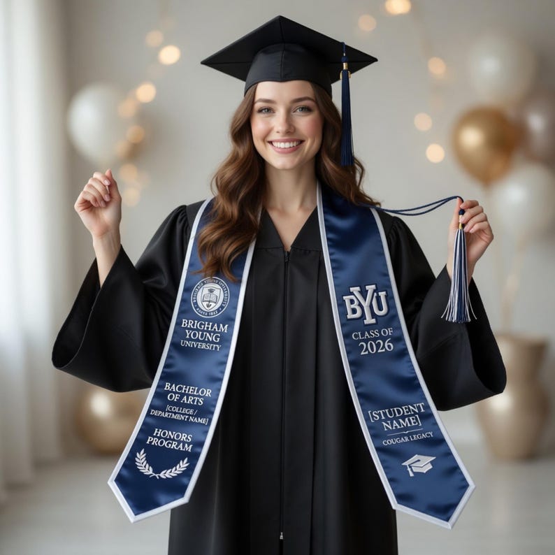 Custom Embroidered Graduation Stole Personalized Navy White Sash Class ...