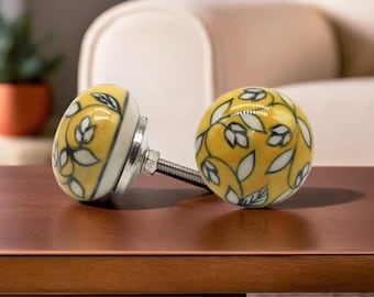 Hand-Painted Ceramic Knob: Yellow Floral Cabinet Hardware